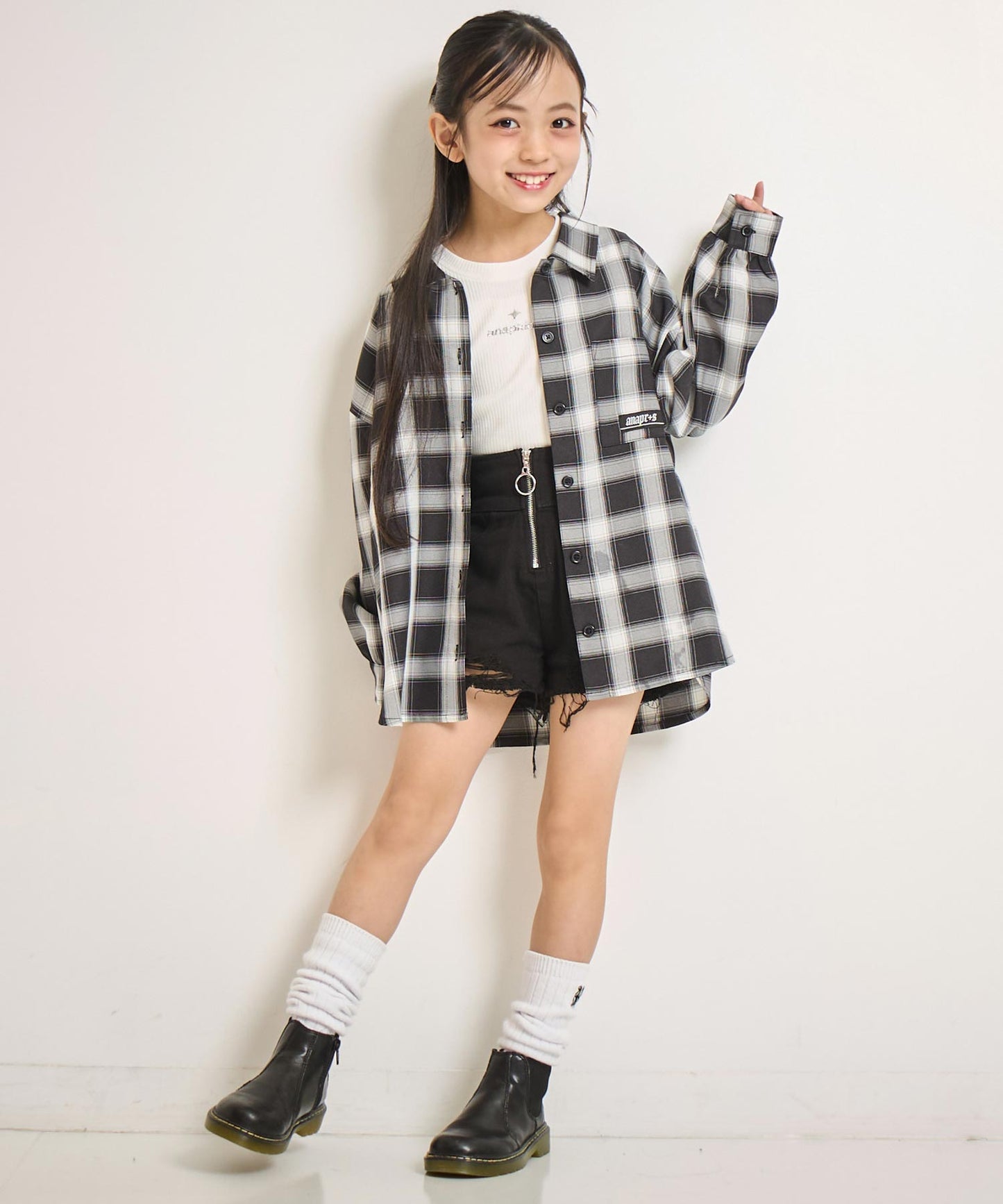 ハイウエスト リングジップ デニム ショート パンツ【ジュニアお揃い】 422-3390