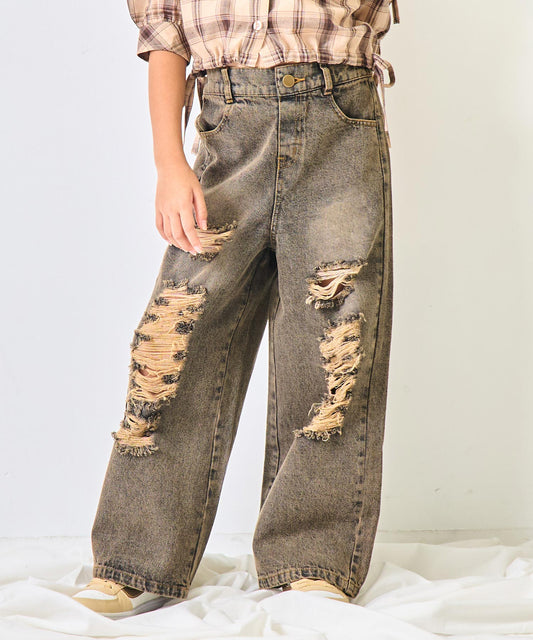 ハート ポケット クラッシュ デニム ワイドパンツ【ジュニアお揃い】 422-3501