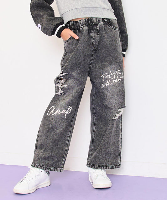 メッセージロゴ クラッシュ デニム ワイドパンツ 422-3551