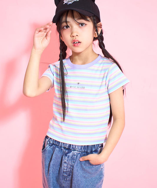 シルバー ジェル プリント リブ Tシャツ トップス【ジュニアお揃い】 423-3382