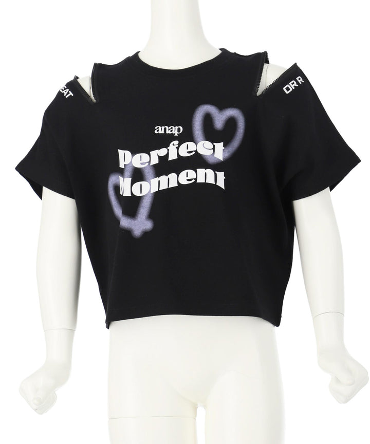 ハート スプレー 肩ジップ Tシャツ トップス 423-3383