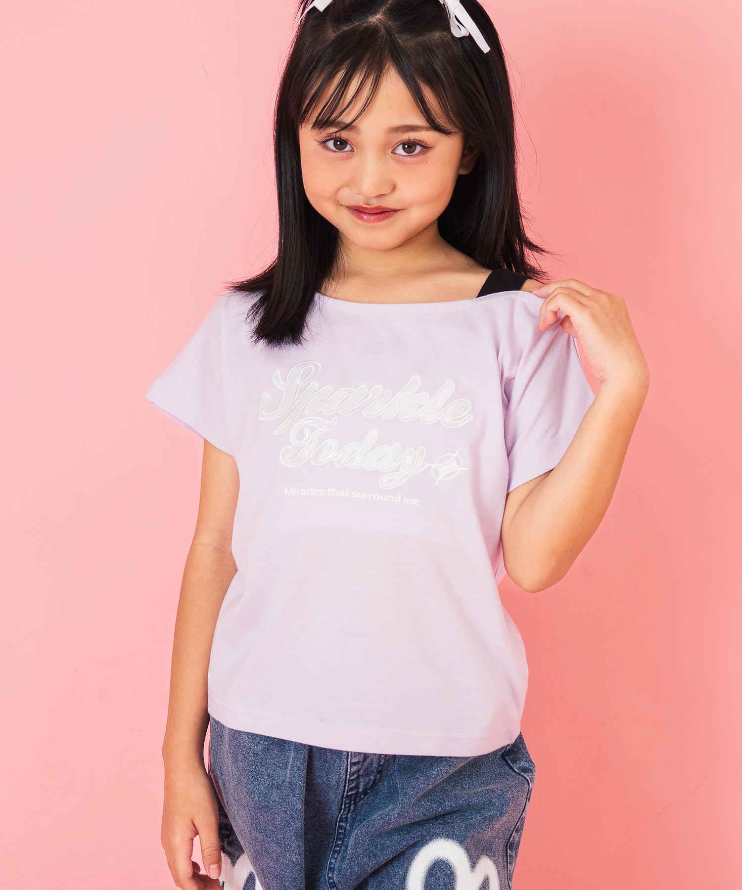 アシンメトリー 肩アキ オーロラ ワッペン Tシャツ トップス
