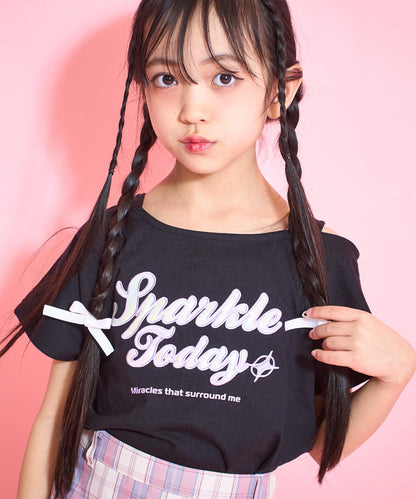 アシンメトリー 肩アキ オーロラ ワッペン Tシャツ トップス 【ジュニアお揃い】 423-3397