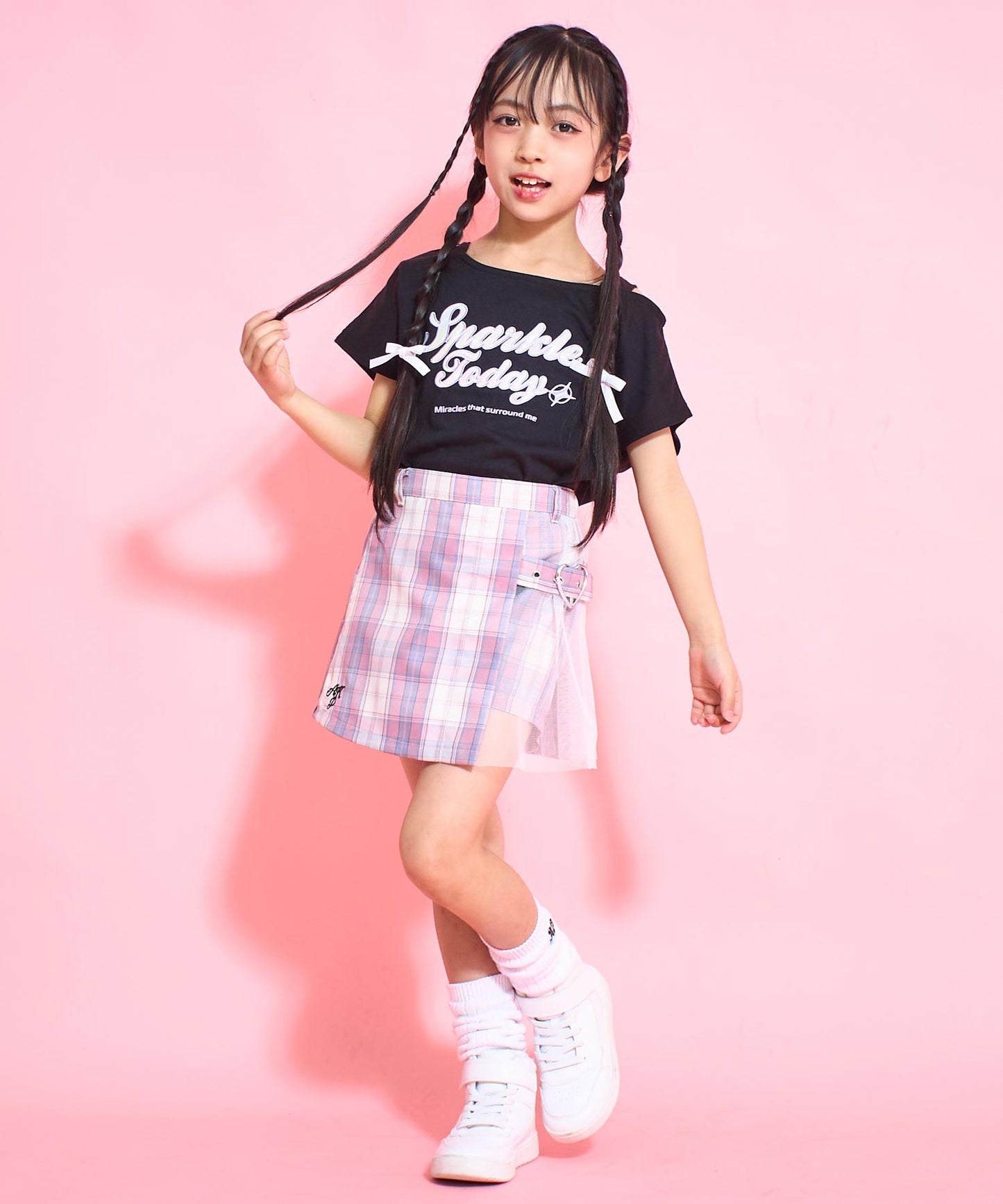 アシンメトリー 肩アキ オーロラ ワッペン Tシャツ トップス 【ジュニアお揃い】 423-3397