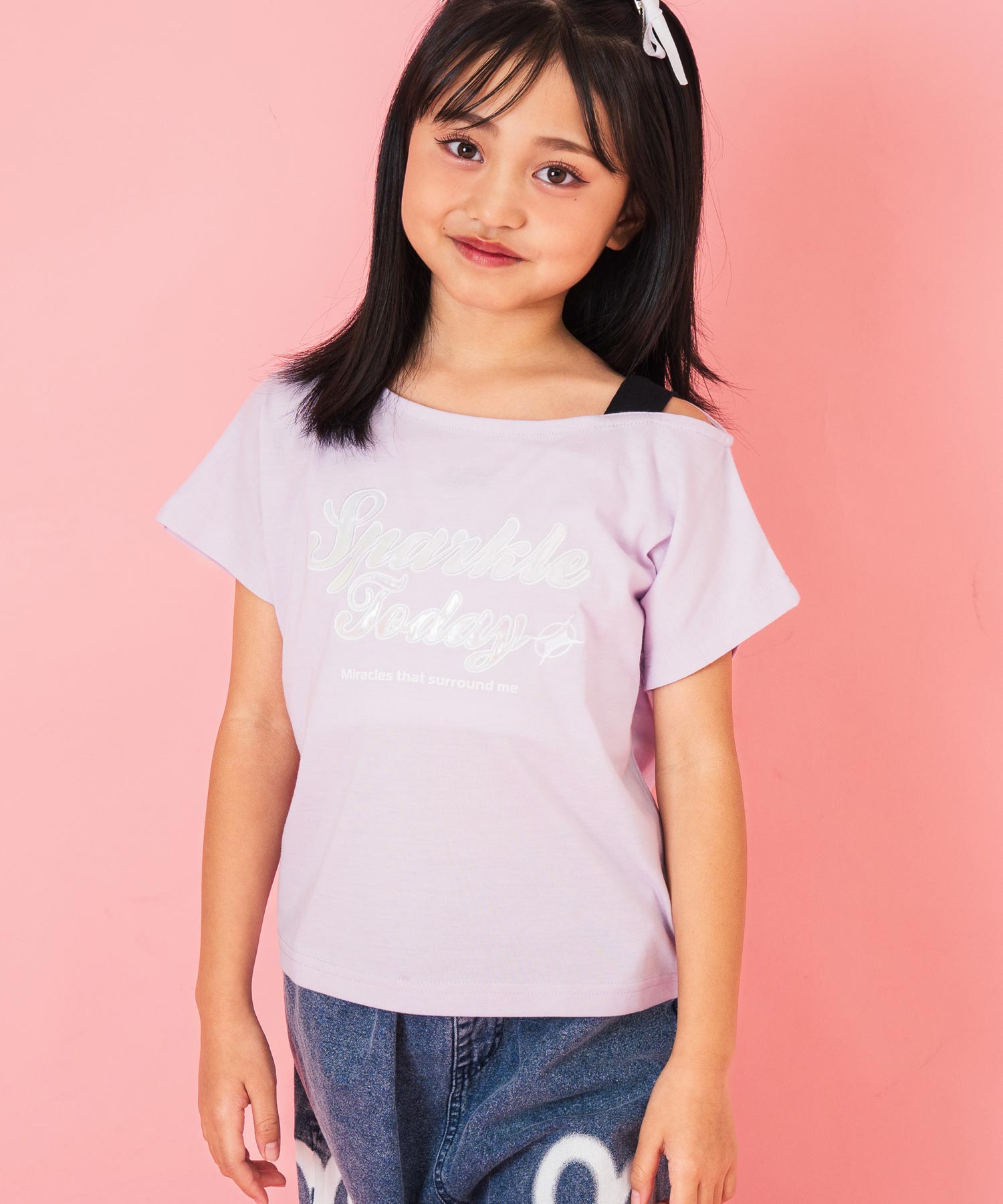 アシンメトリー 肩アキ オーロラ ワッペン Tシャツ トップス