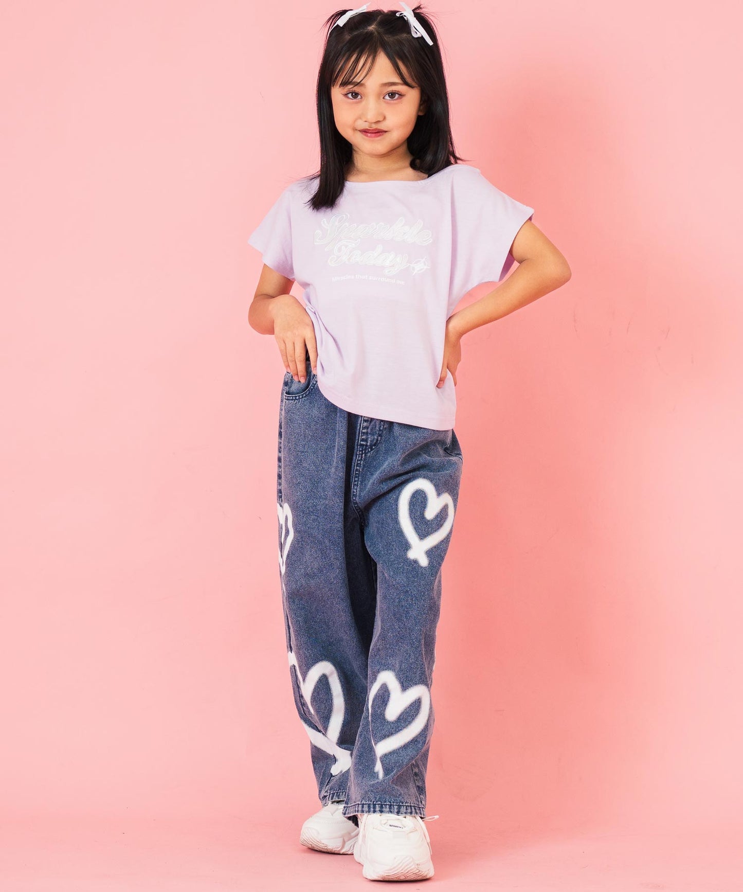 アシンメトリー 肩アキ オーロラ ワッペン Tシャツ トップス 【ジュニアお揃い】 423-3397