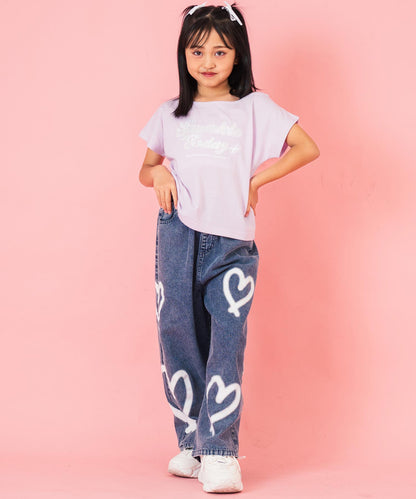 アシンメトリー 肩アキ オーロラ ワッペン Tシャツ トップス 【ジュニアお揃い】 423-3397