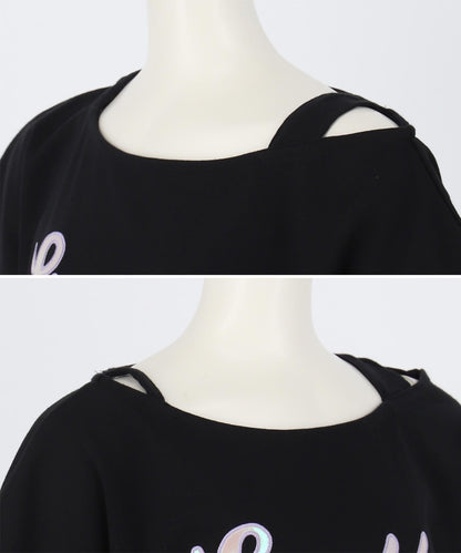 アシンメトリー 肩アキ オーロラ ワッペン Tシャツ トップス 【ジュニアお揃い】 423-3397