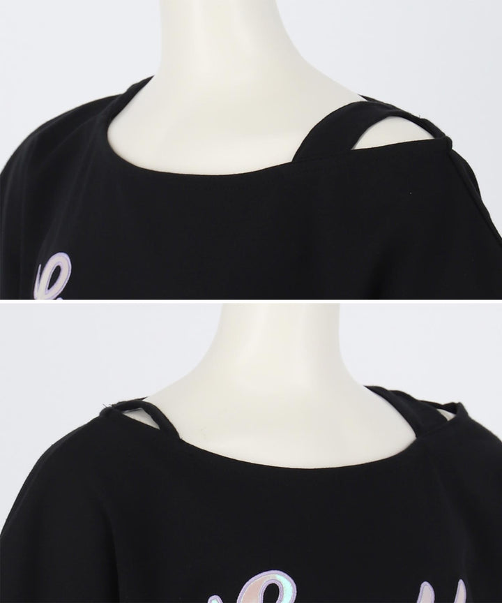 アシンメトリー 肩アキ オーロラ ワッペン Tシャツ トップス 【ジュニアお揃い】 423-3397