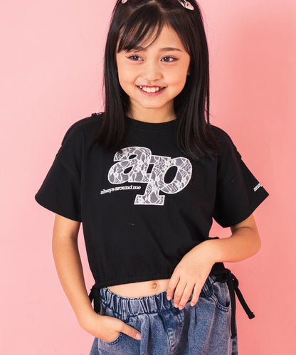 レース ワッペン付き サイド リボン Tシャツ トップス【ジュニアお揃い】 423-3402