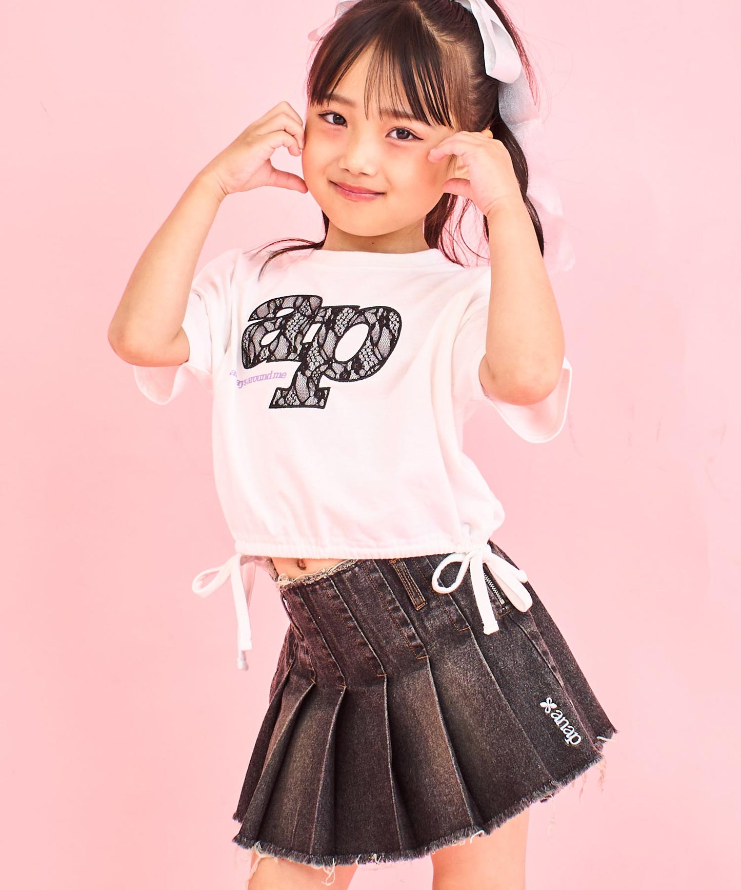 レース ワッペン付き サイド リボン Tシャツ トップス【ジュニアお揃い】 423-3402