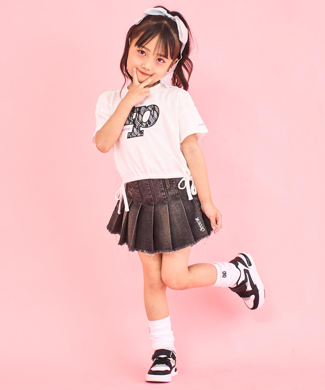 レース ワッペン付き サイド リボン Tシャツ トップス【ジュニアお揃い】 423-3402