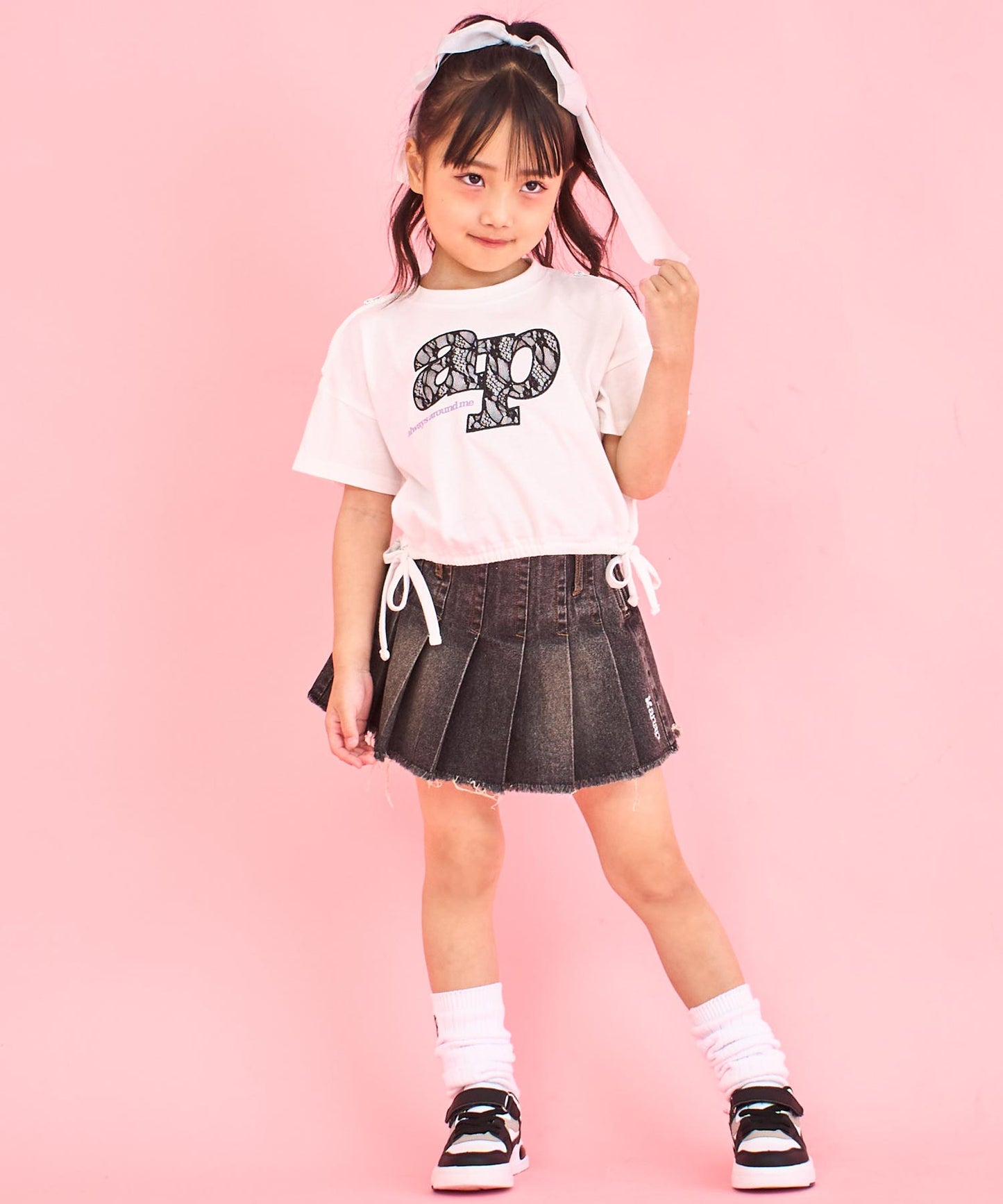 レース ワッペン付き サイド リボン Tシャツ トップス【ジュニアお揃い】 423-3402