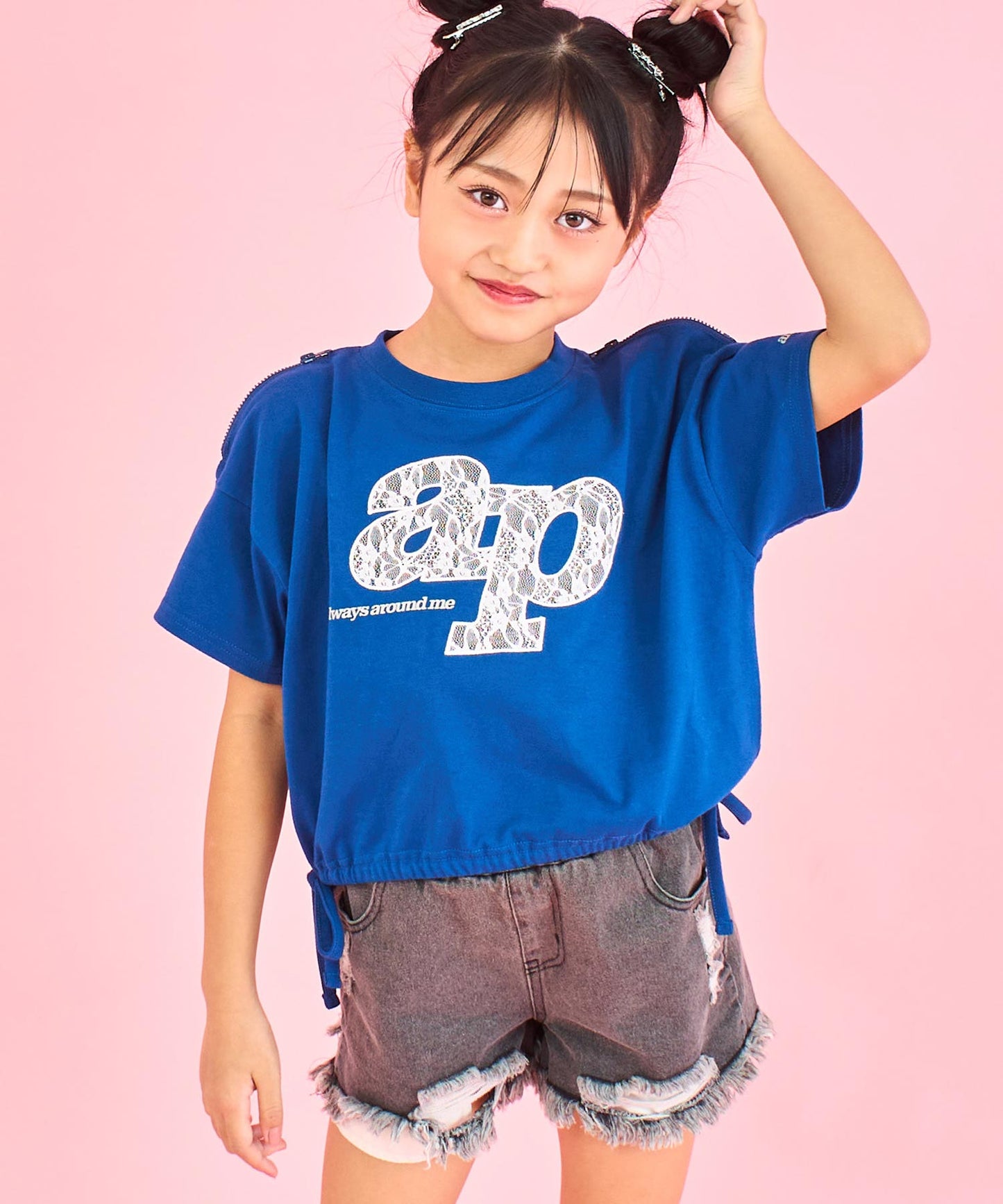 レース ワッペン付き サイド リボン Tシャツ トップス【ジュニアお揃い】 423-3402