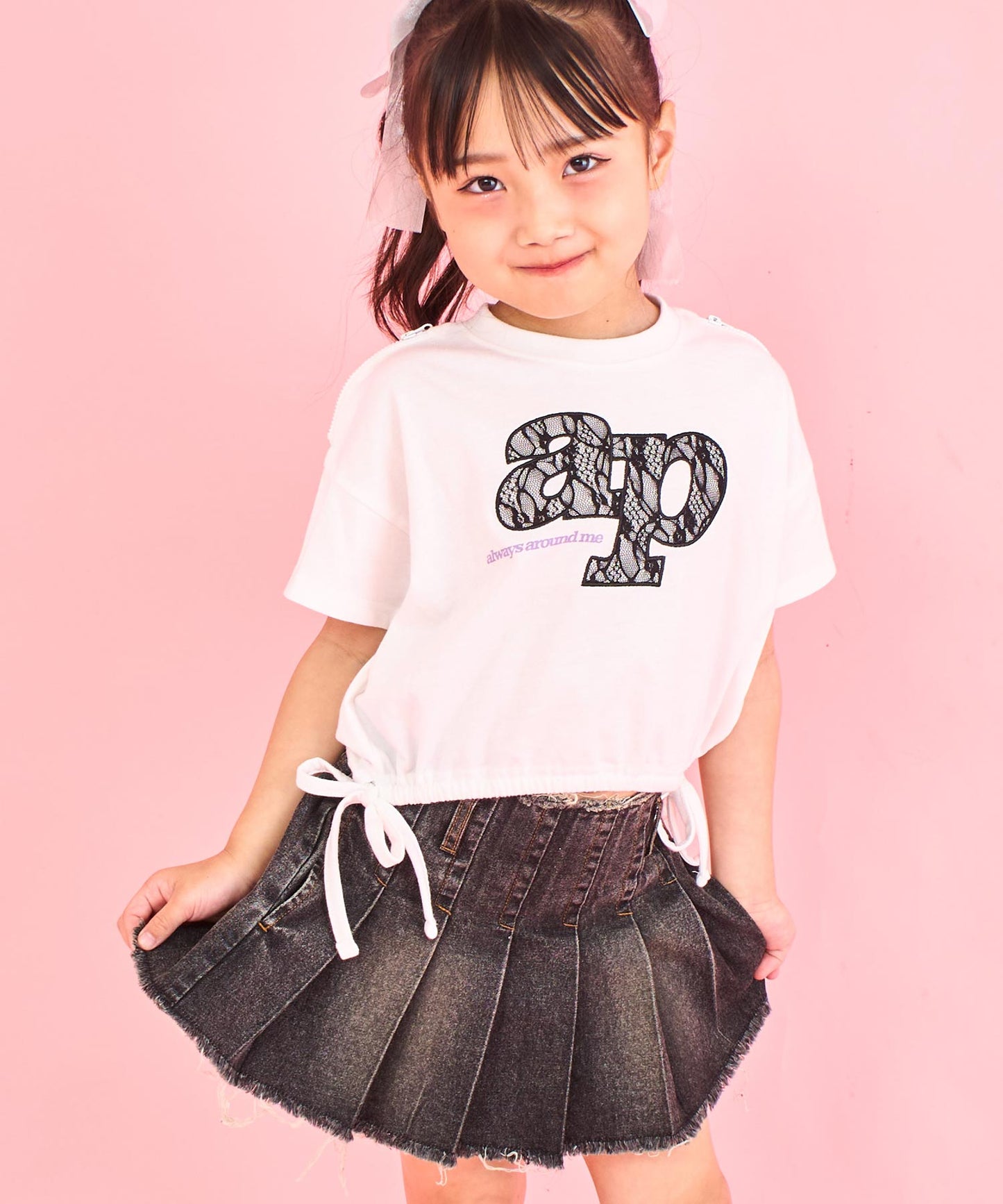 レース ワッペン付き サイド リボン Tシャツ トップス【ジュニアお揃い】 423-3402