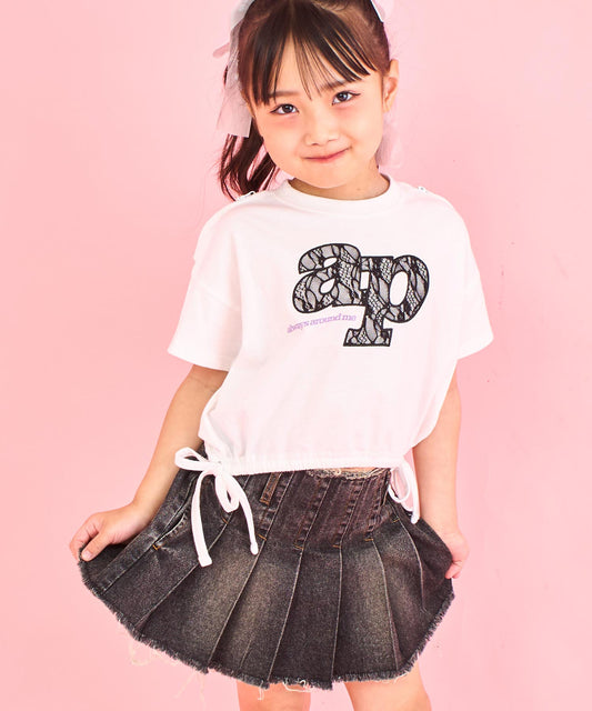 レース ワッペン付き サイド リボン Tシャツ トップス【ジュニアお揃い】 423-3402