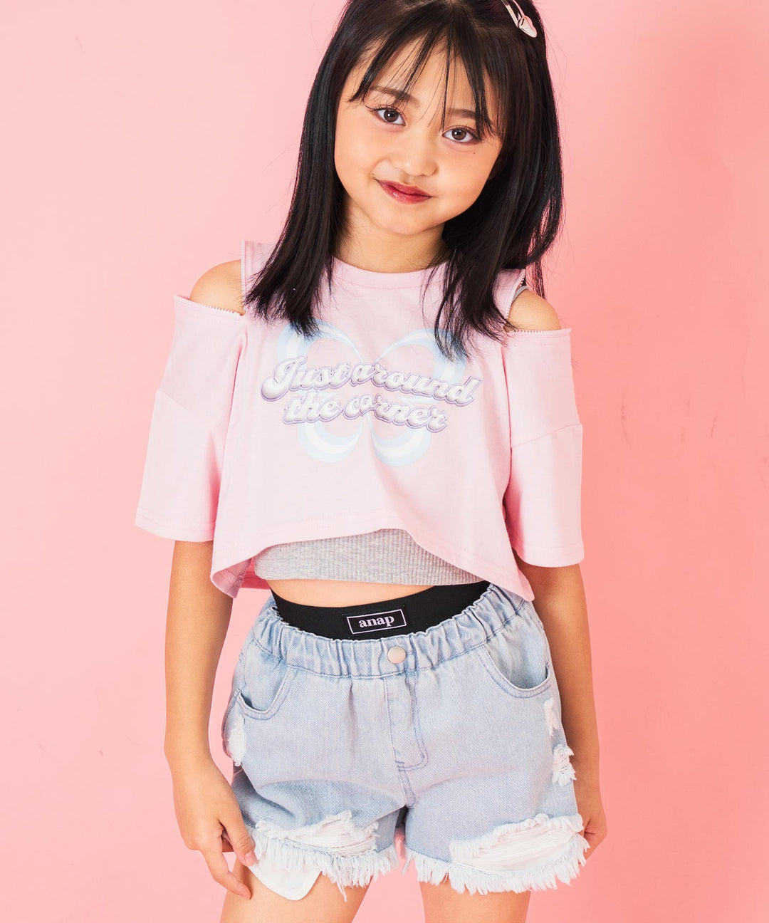 肩ジップ バタフライ プリント クロップド Tシャツ トップス 423-3408