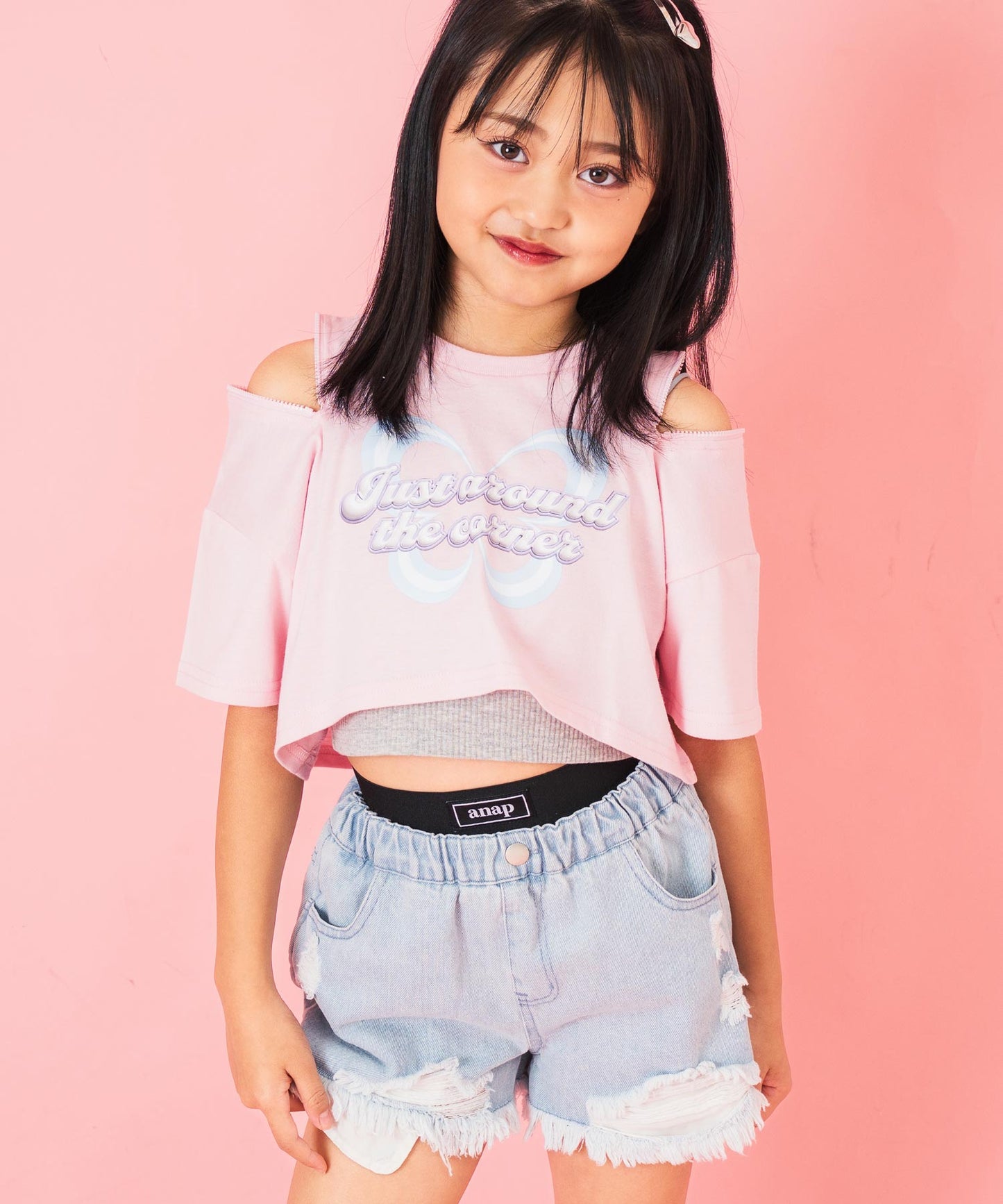 肩ジップ バタフライ プリント クロップド Tシャツ トップス 423-3408