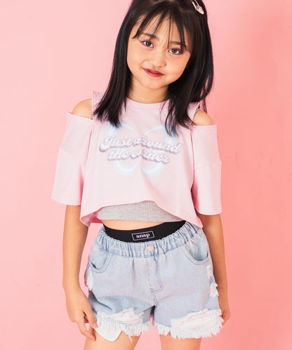 肩ジップ バタフライ プリント クロップド Tシャツ トップス 423-3408