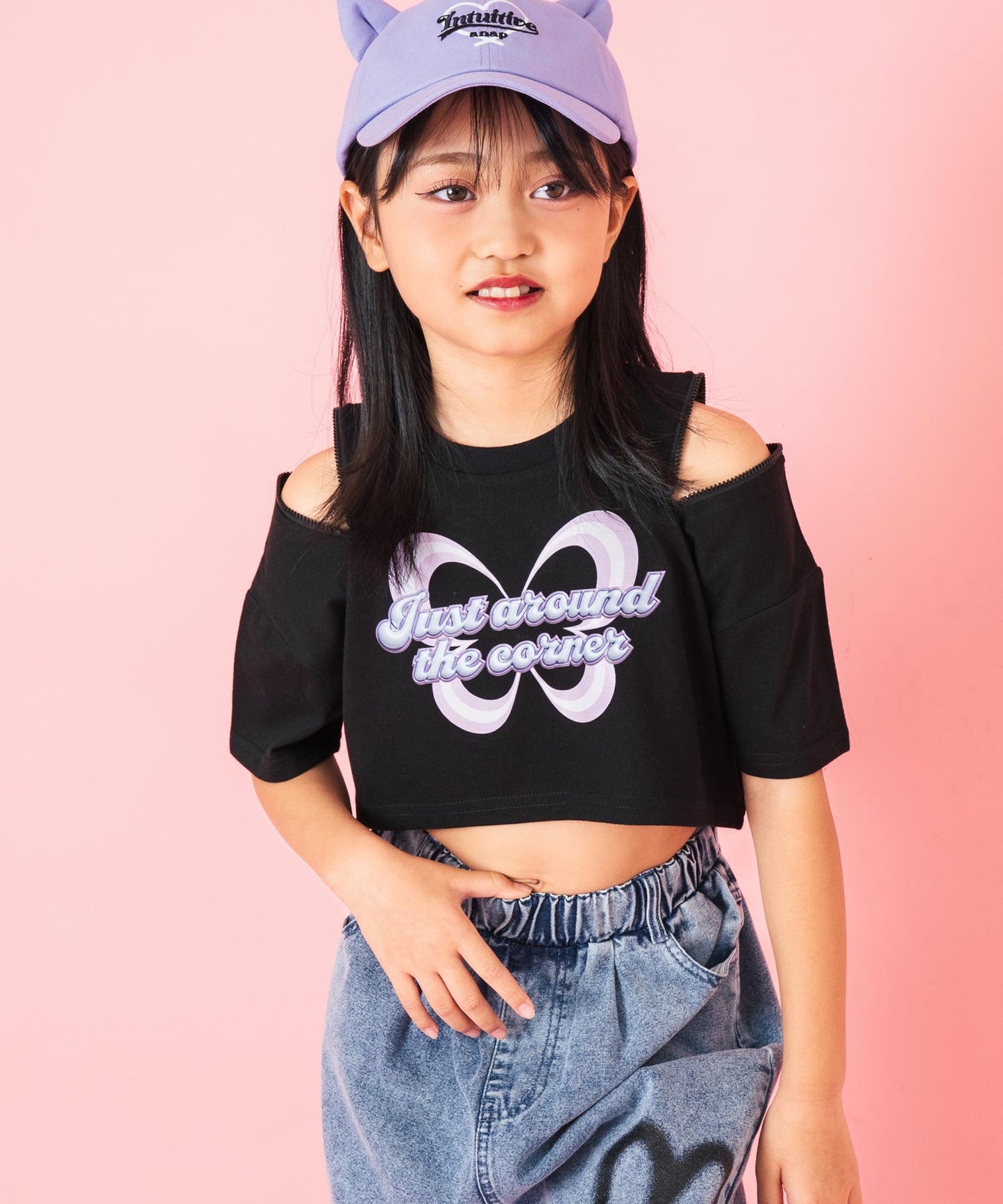 肩ジップ バタフライ プリント クロップド Tシャツ トップス 423-3408