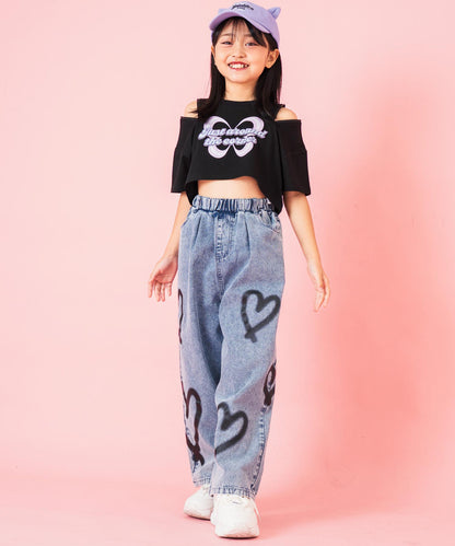 肩ジップ バタフライ プリント クロップド Tシャツ トップス 423-3408