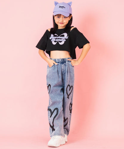 肩ジップ バタフライ プリント クロップド Tシャツ トップス 423-3408