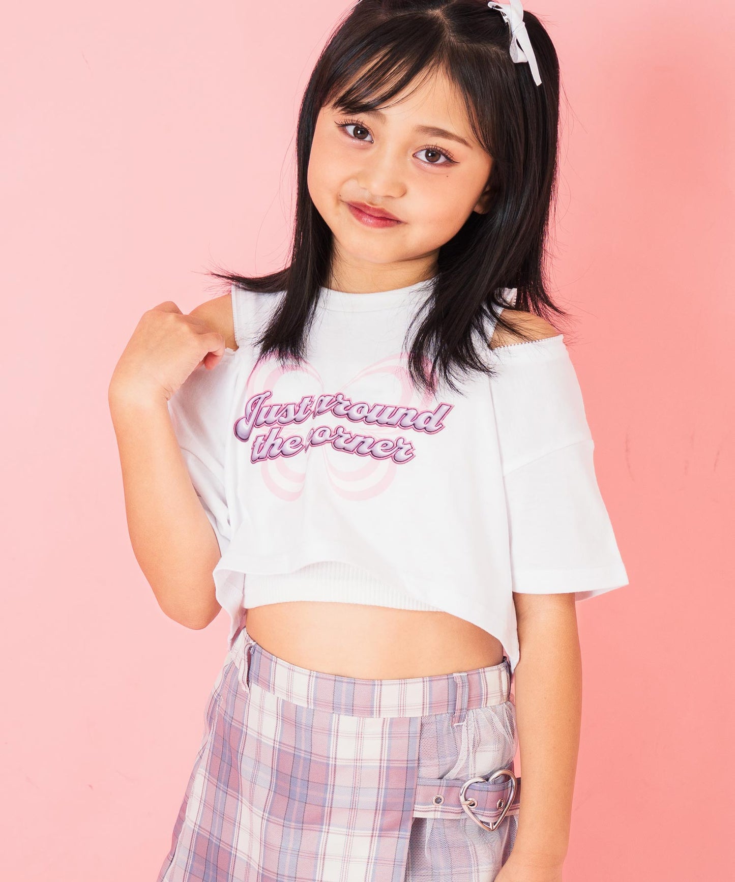 肩ジップ バタフライ プリント クロップド Tシャツ トップス 423-3408