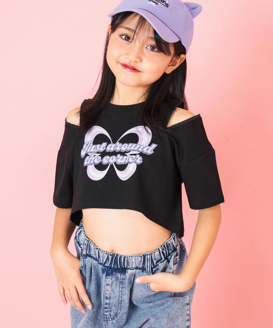 肩ジップ バタフライ プリント クロップド Tシャツ トップス 423-3408