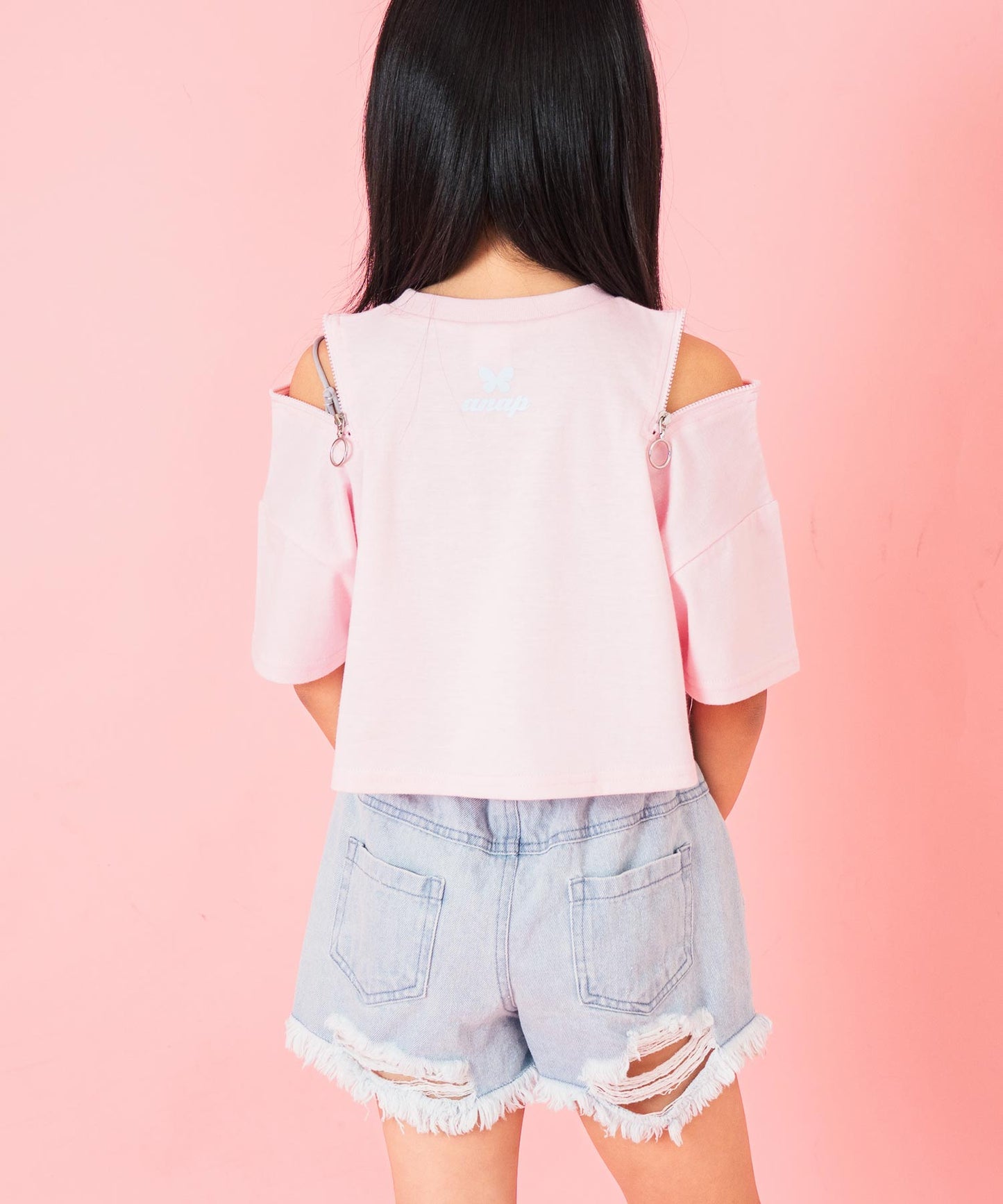 肩ジップ バタフライ プリント クロップド Tシャツ トップス 423-3408
