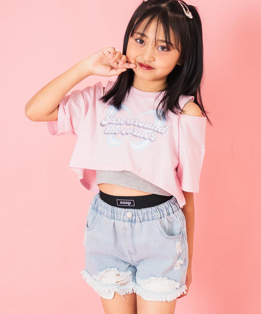 肩ジップ バタフライ プリント クロップド Tシャツ トップス 423-3408