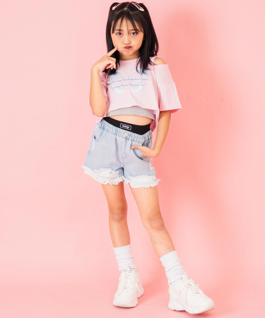 肩ジップ バタフライ プリント クロップド Tシャツ トップス 423-3408