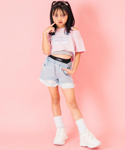 肩ジップ バタフライ プリント クロップド Tシャツ トップス 423-3408