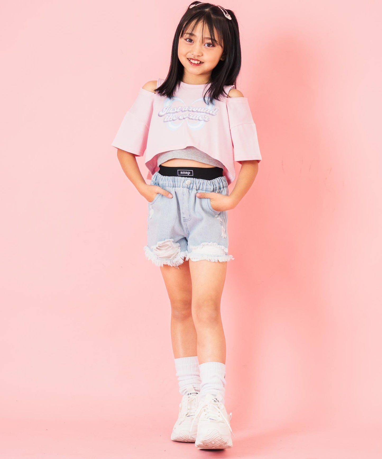 肩ジップ バタフライ プリント クロップド Tシャツ トップス 423-3408