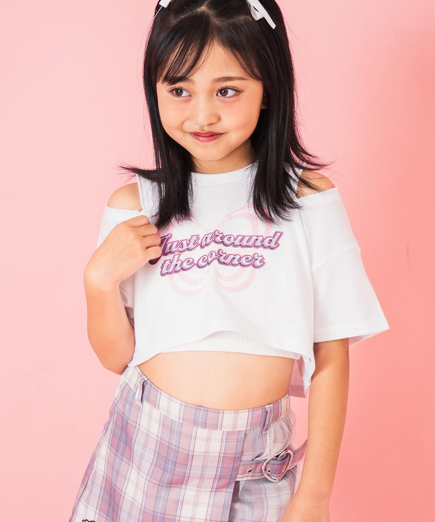 肩ジップ バタフライ プリント クロップド Tシャツ トップス 423-3408