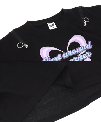 肩ジップ バタフライ プリント クロップド Tシャツ トップス 423-3408