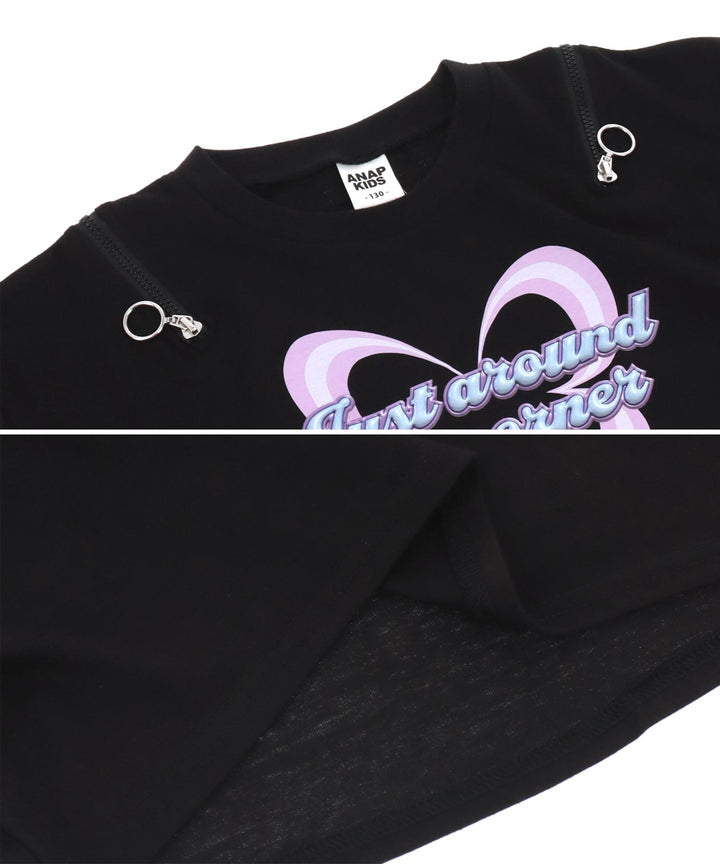肩ジップ バタフライ プリント クロップド Tシャツ トップス 423-3408