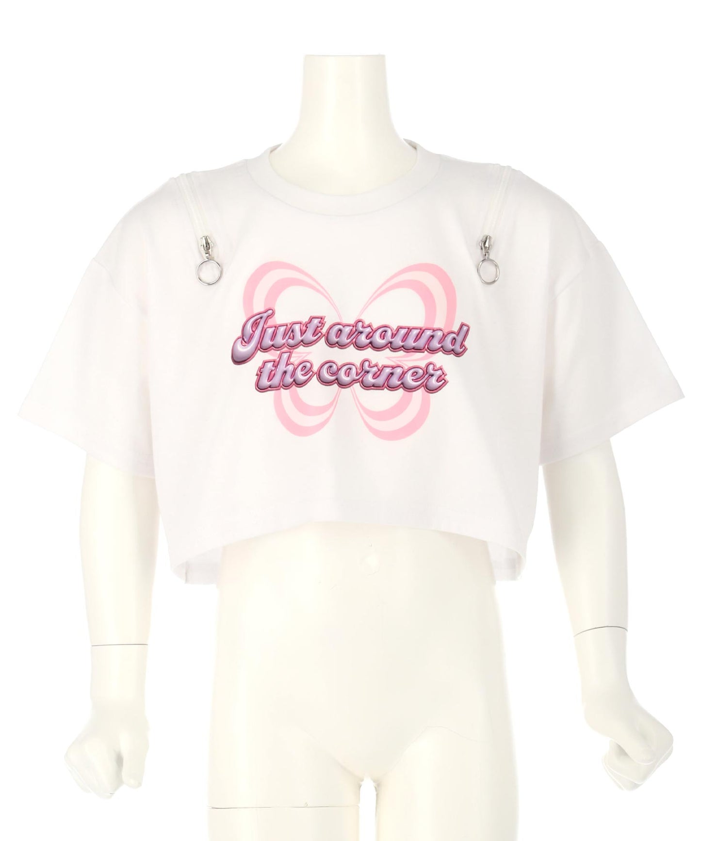 肩ジップ バタフライ プリント クロップド Tシャツ トップス 423-3408