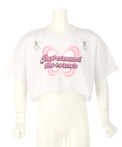 肩ジップ バタフライ プリント クロップド Tシャツ トップス 423-3408
