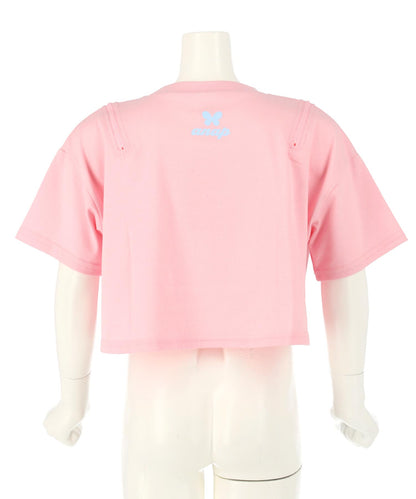 肩ジップ バタフライ プリント クロップド Tシャツ トップス 423-3408