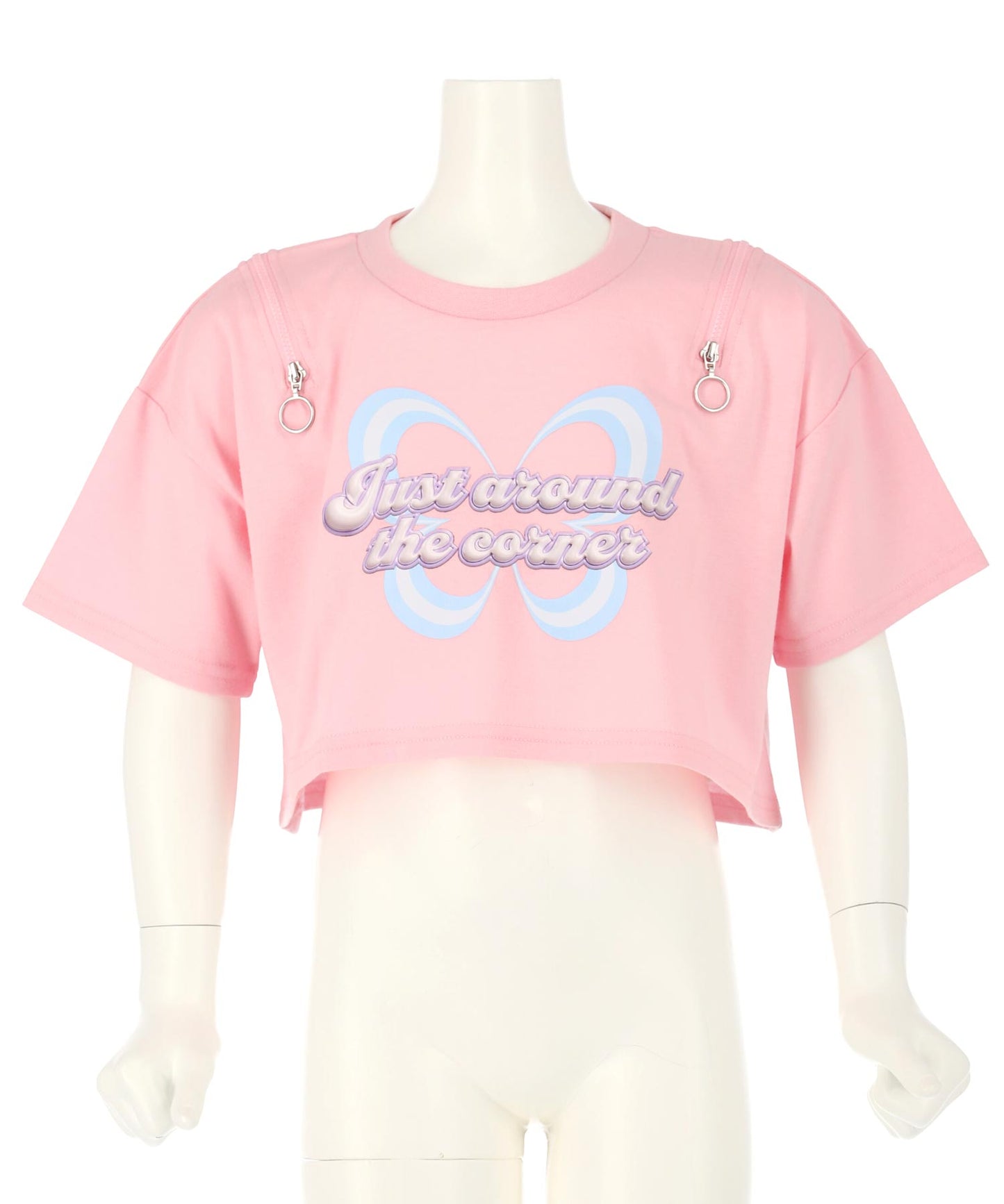 肩ジップ バタフライ プリント クロップド Tシャツ トップス 423-3408
