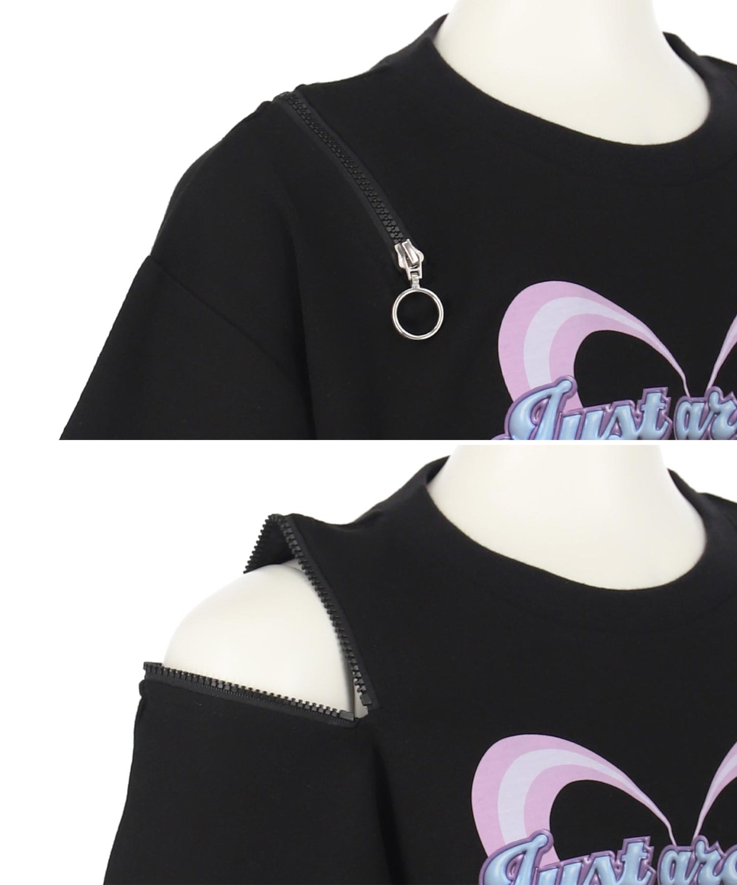 肩ジップ バタフライ プリント クロップド Tシャツ トップス 423-3408