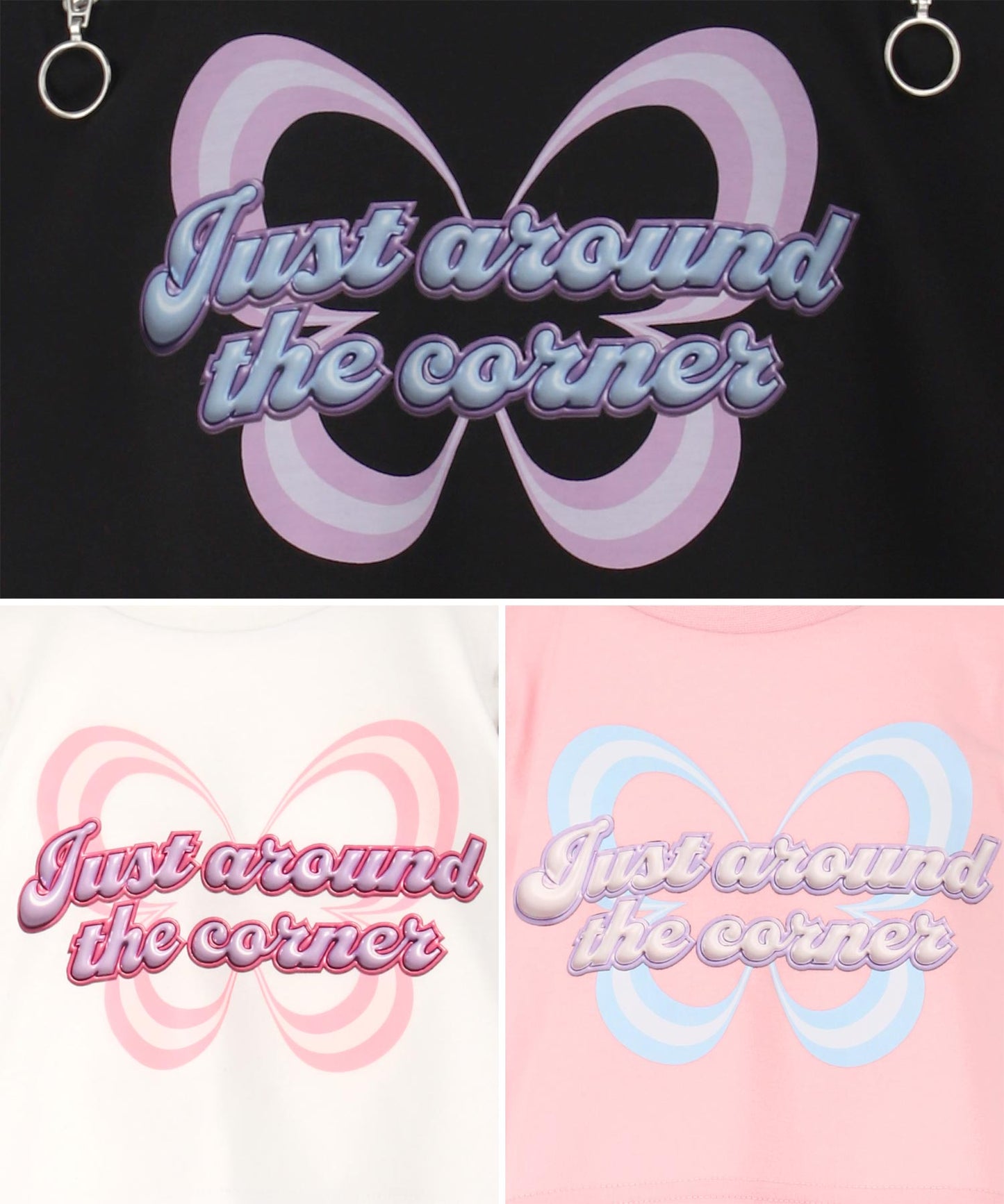 肩ジップ バタフライ プリント クロップド Tシャツ トップス 423-3408