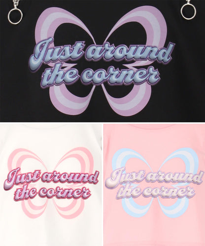 肩ジップ バタフライ プリント クロップド Tシャツ トップス 423-3408