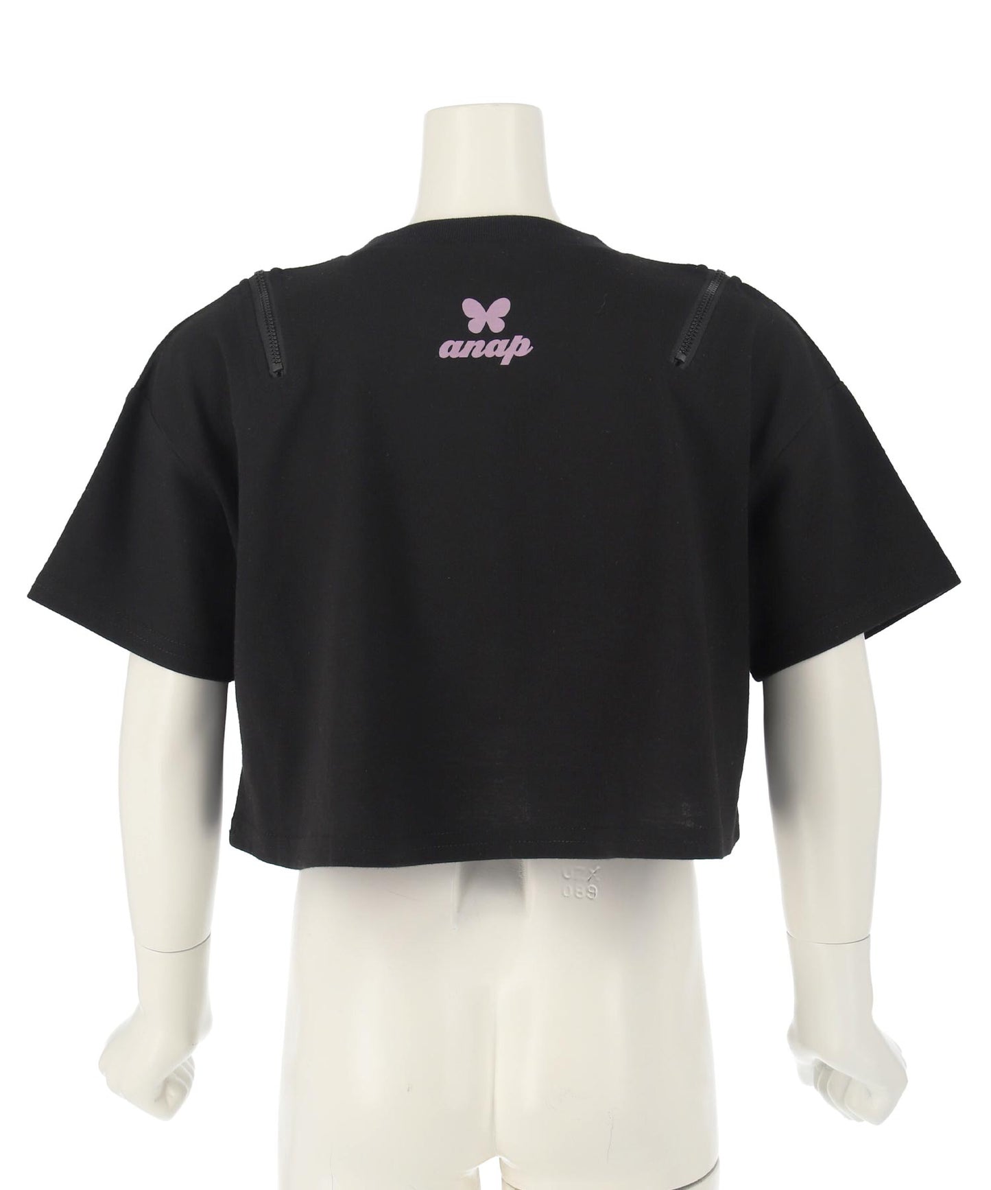 肩ジップ バタフライ プリント クロップド Tシャツ トップス 423-3408