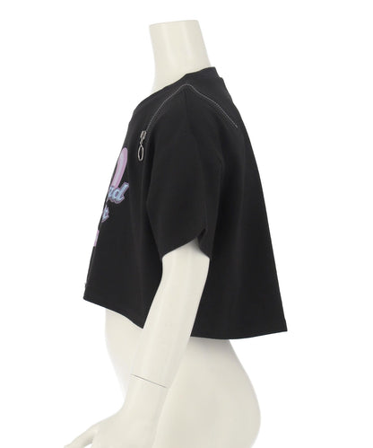 肩ジップ バタフライ プリント クロップド Tシャツ トップス 423-3408