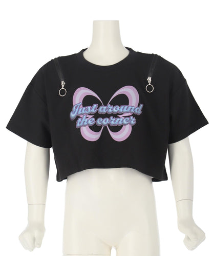 肩ジップ バタフライ プリント クロップド Tシャツ トップス 423-3408