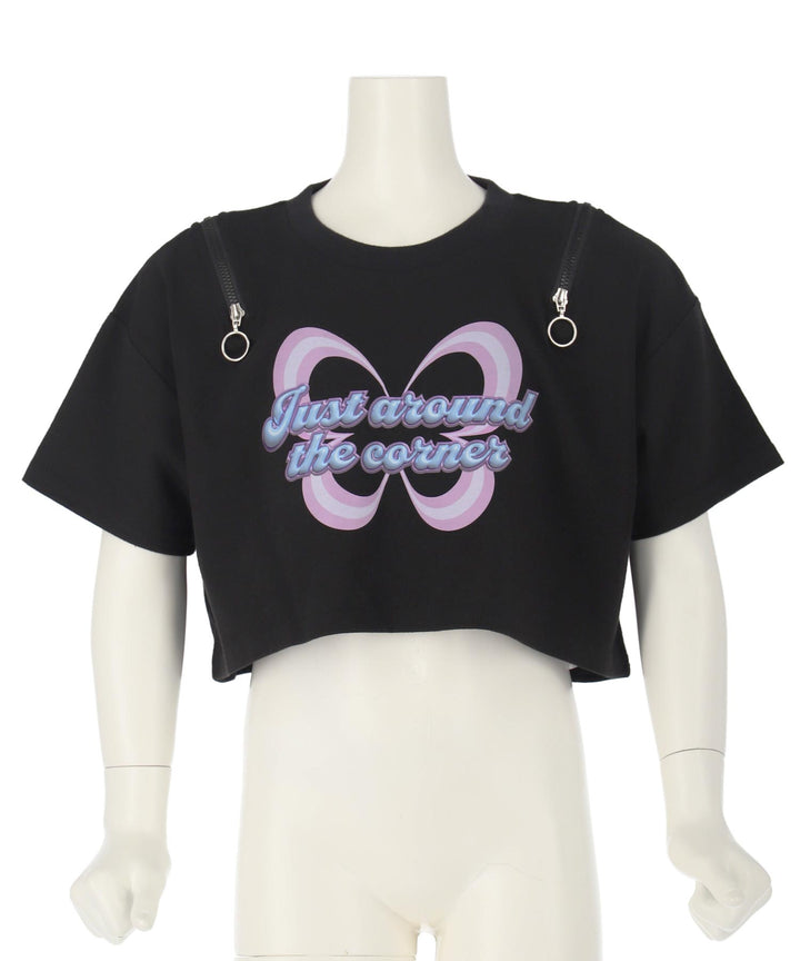 肩ジップ バタフライ プリント クロップド Tシャツ トップス 423-3408