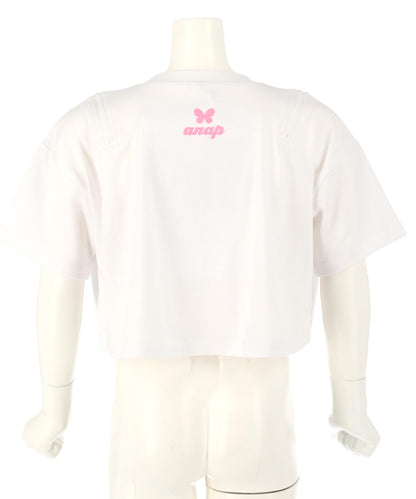 肩ジップ バタフライ プリント クロップド Tシャツ トップス 423-3408