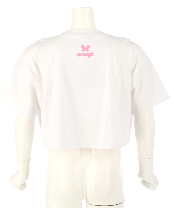 肩ジップ バタフライ プリント クロップド Tシャツ トップス 423-3408