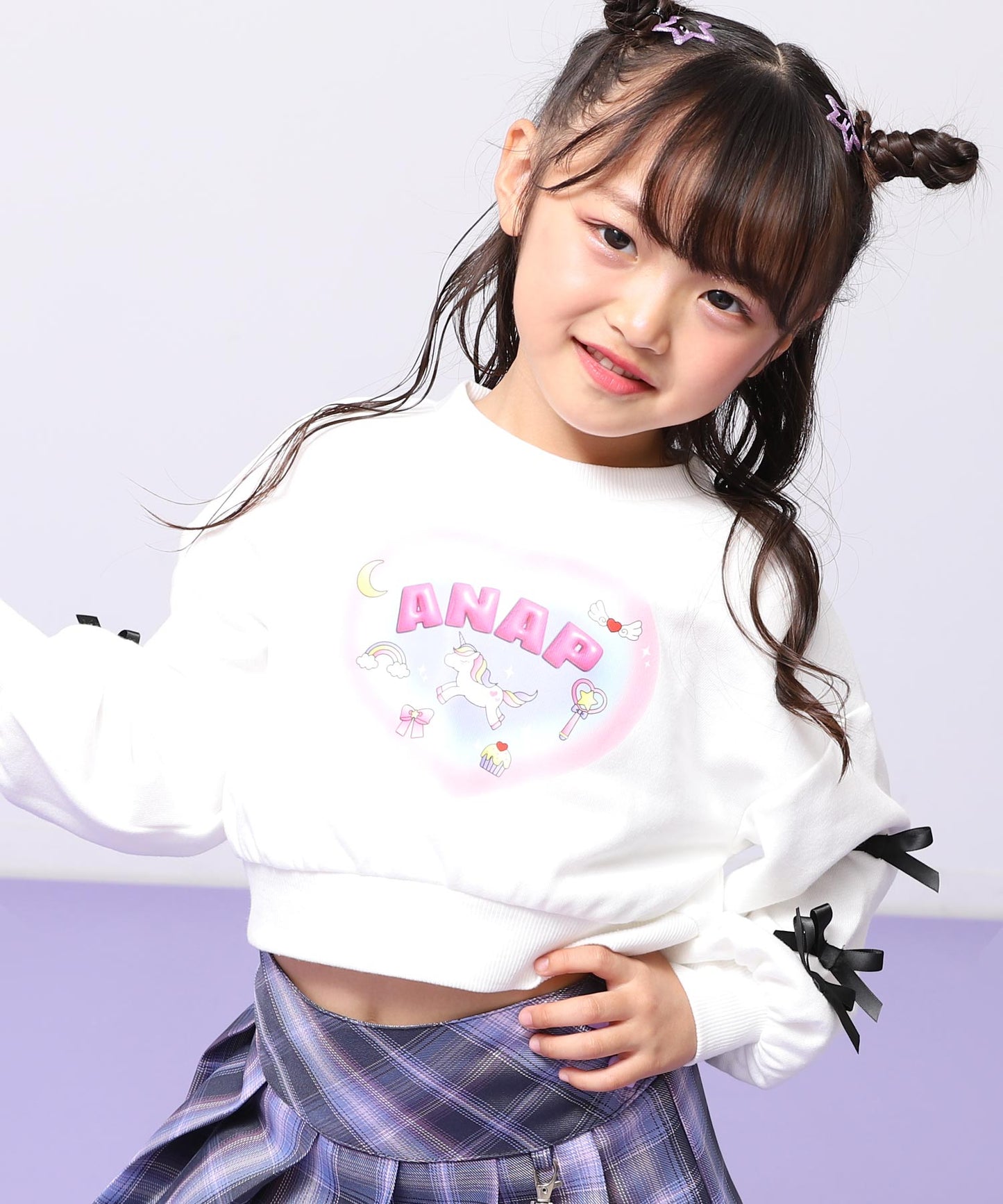 袖リボン ハート ユニコーン プリント スウェット 423-3508